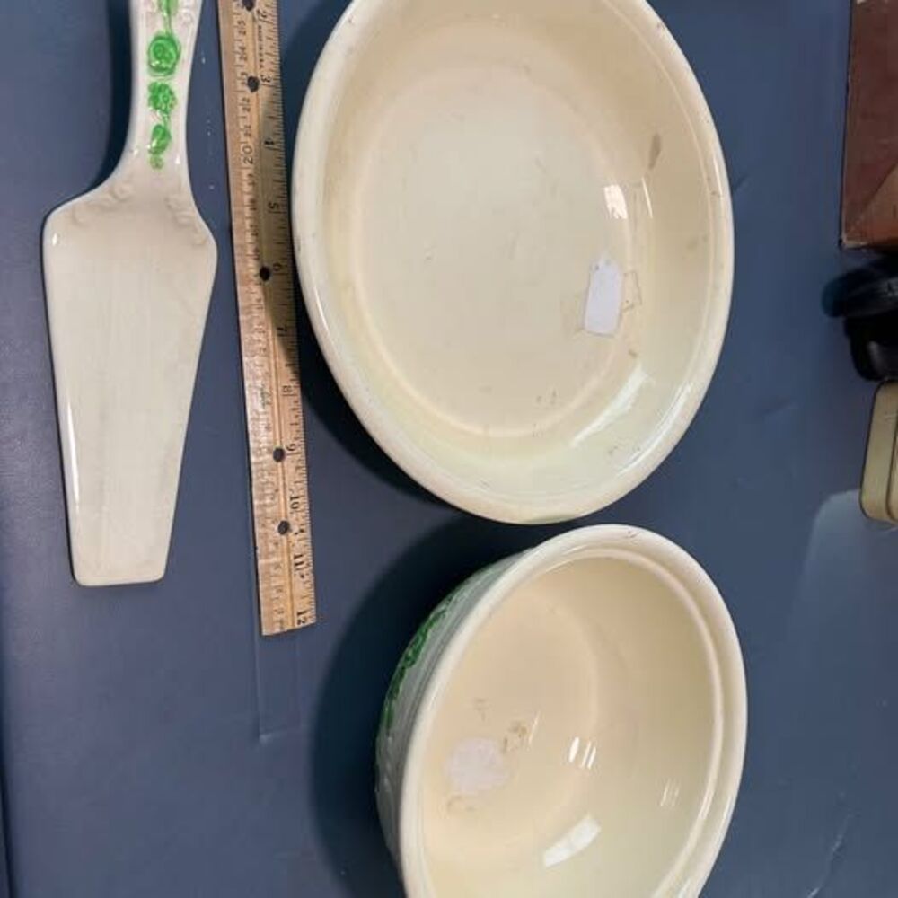 Vintage Embossed, HandPaintedHome Laughlin oven safe Bowl, Pie Plate and pie ser